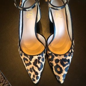 Leopard print suede, 2” kitten heel, ankle strap